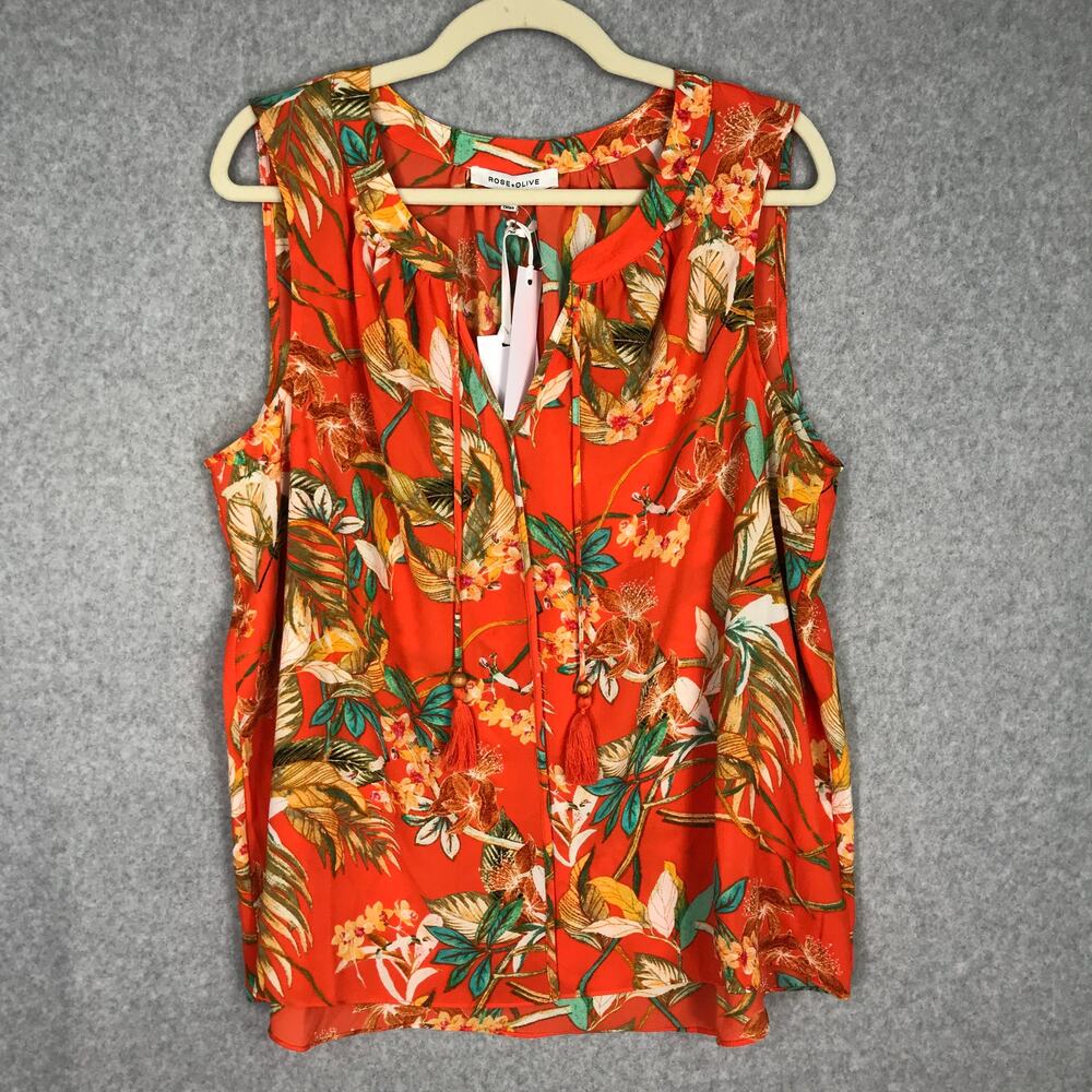 Rose Olive‎ Top Womens Plus 1X Orange Blouse Tank Flowy Tassels Tropical Resort